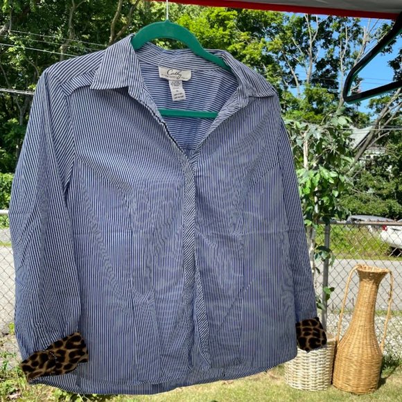 Cathy Daniels Tops - Cathy Blue and White Striped Button Down with Cheetah Accents